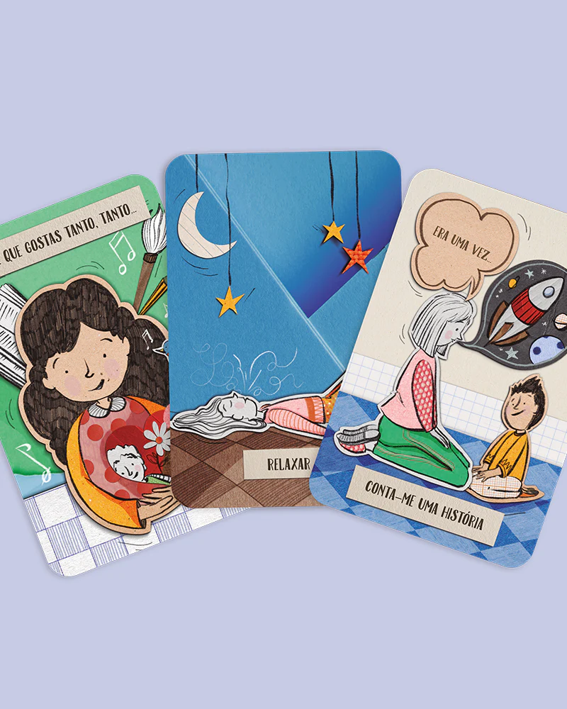 Três cartas ilustradas com texto em português e desenhos de pessoas.