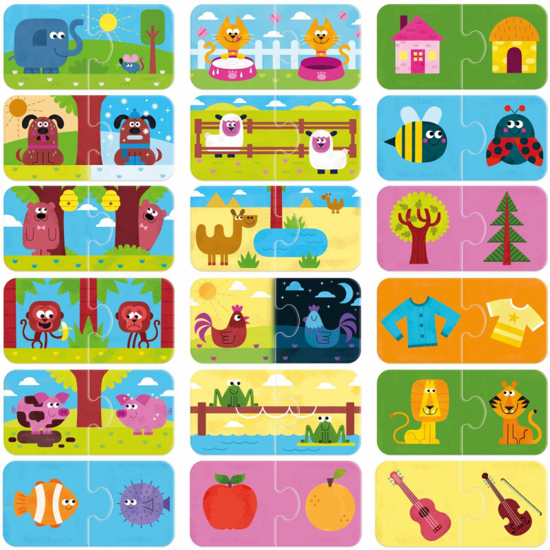 Peças de puzzle coloridas com ilustrações de animais, objetos e cenas variadas para crianças.