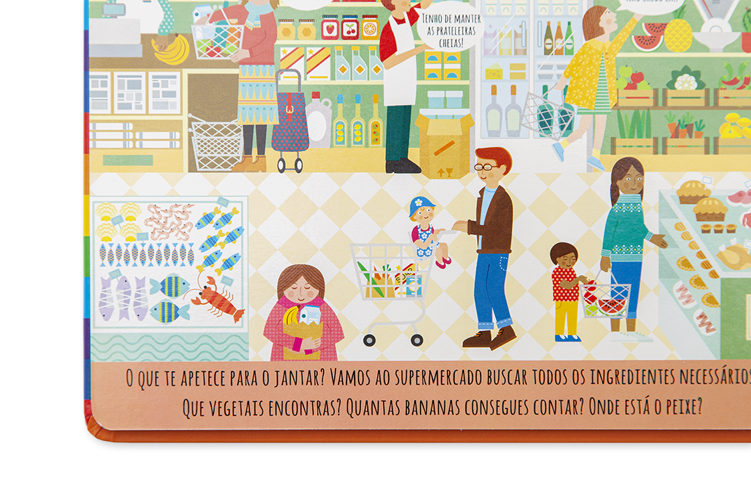 Ilustração colorida de pessoas a comprar em supermercado com texto instrutivo em português.