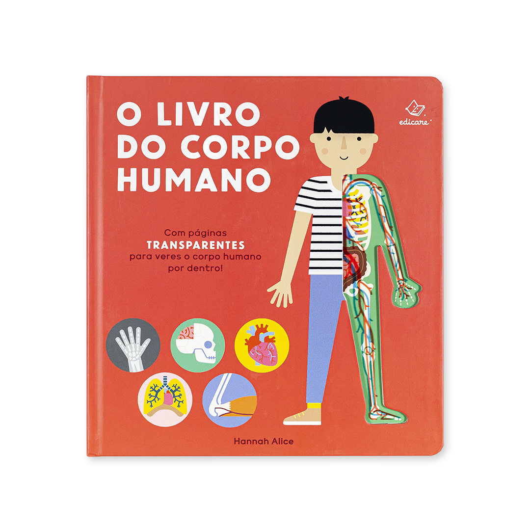Livro infantil 'O LIVRO DO CORPO HUMANO' com capa vermelha e ilustração de criança com sistema esquelético visível