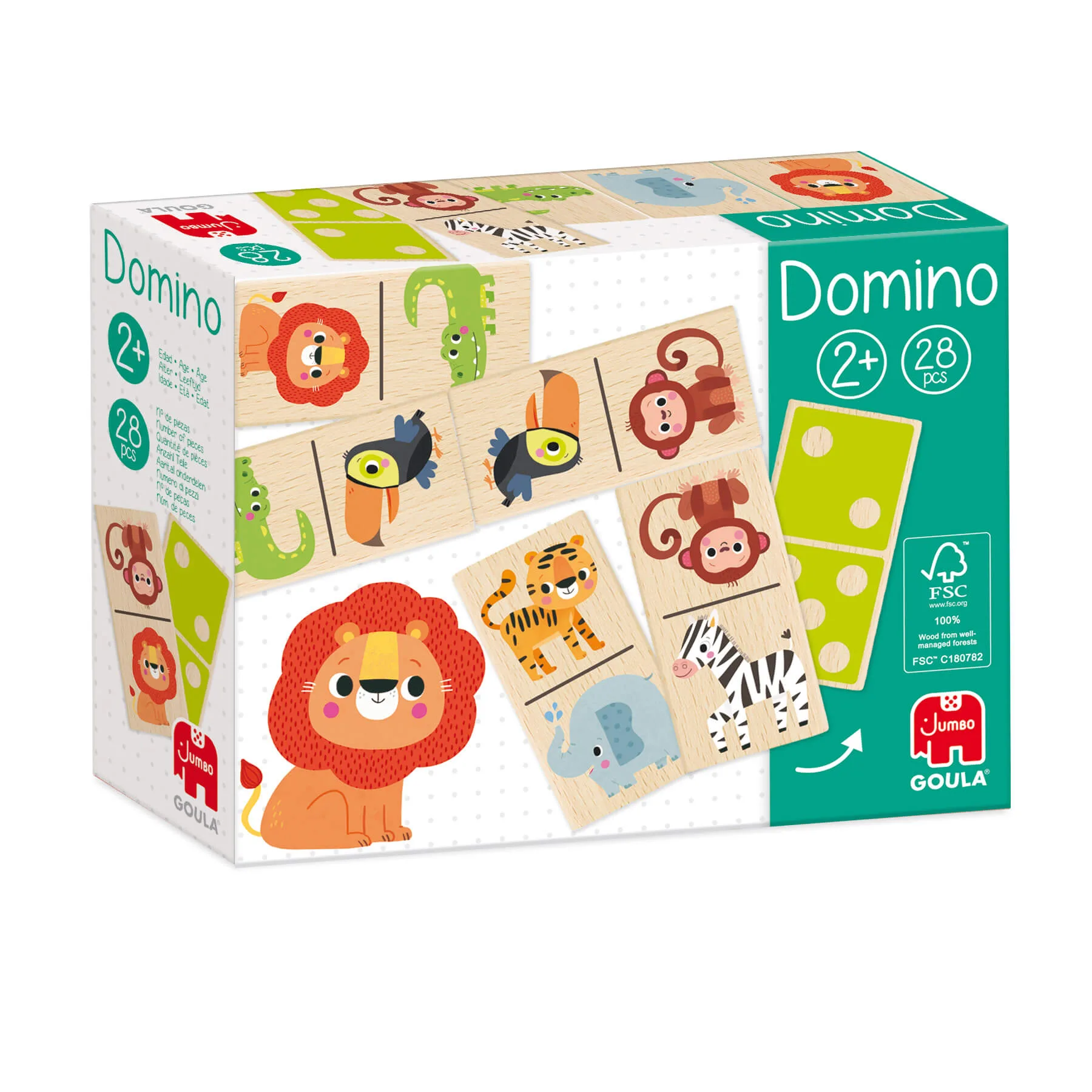 Caixa de dominó de madeira com imagens de animais para crianças, 28 peças, 2+ anos