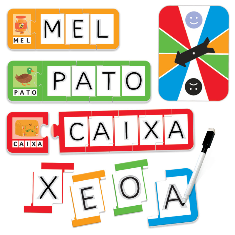Jogo educativo com peças de puzzle coloridas formando palavras e um disco giratório colorido