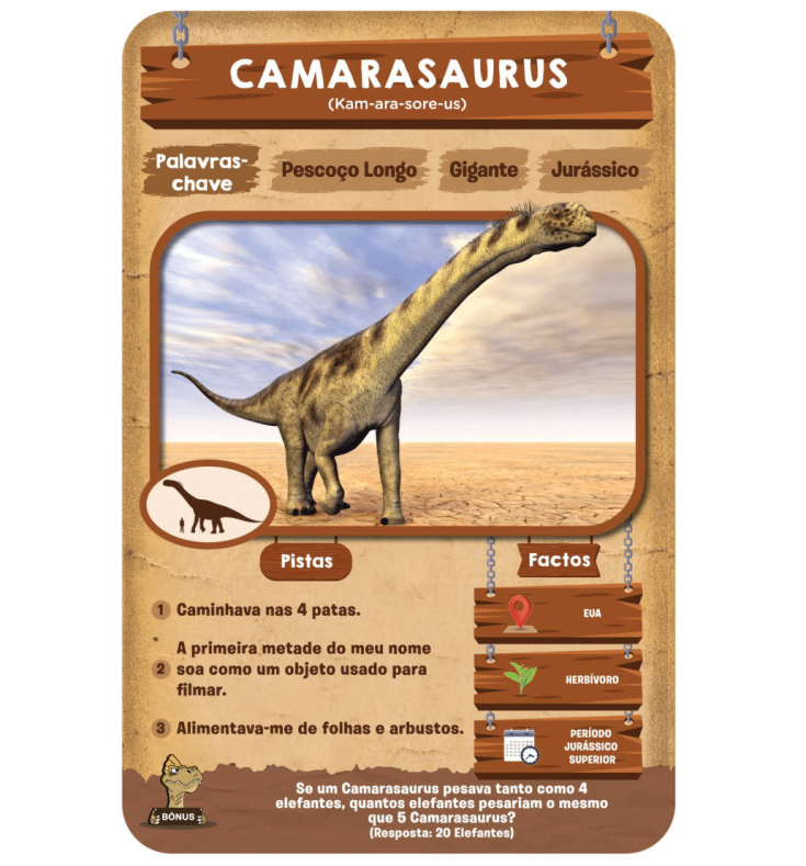 Cartaz educativo do dinossauro Camarasaurus com imagem e texto informativo