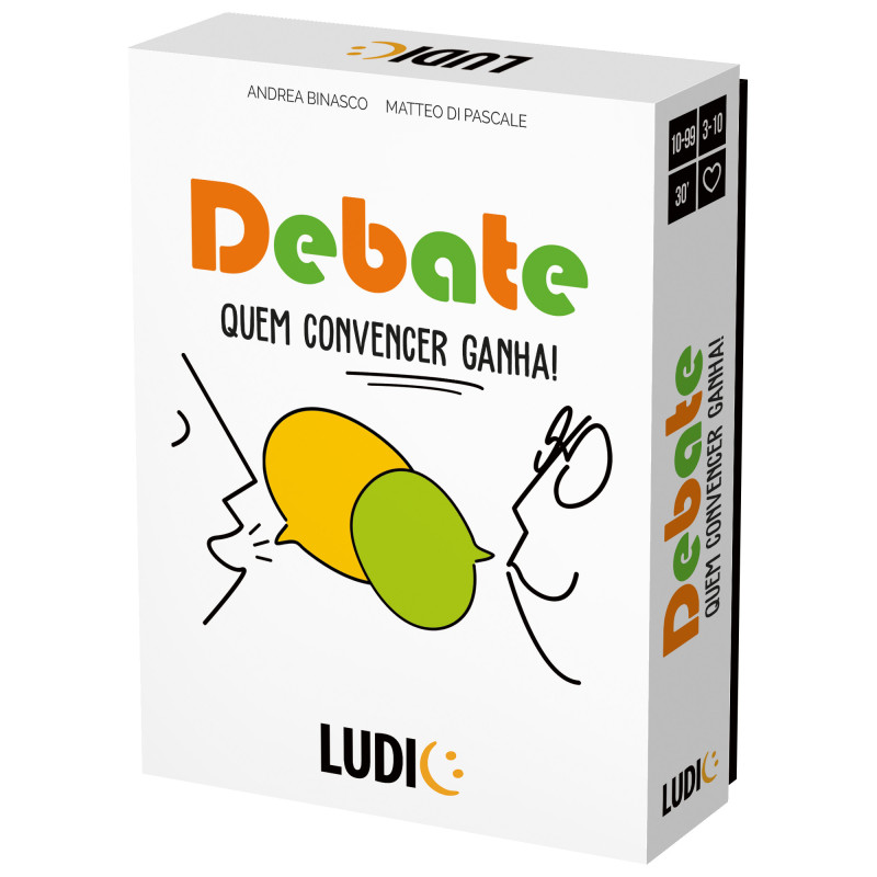 Caixa de jogo de tabuleiro Debate com texto e ícones no fundo branco