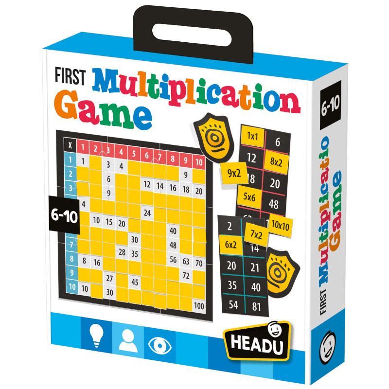 Caixa de jogo educativo First Multiplication Game com tabuleiro e peças de multiplicação em cores amarelo, vermelho, azul e preto.