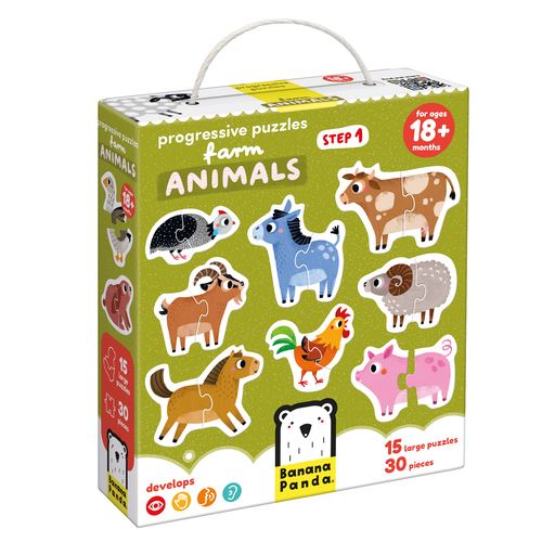 Caixa de puzzles animais da quinta com várias ilustrações de animais e texto em inglês