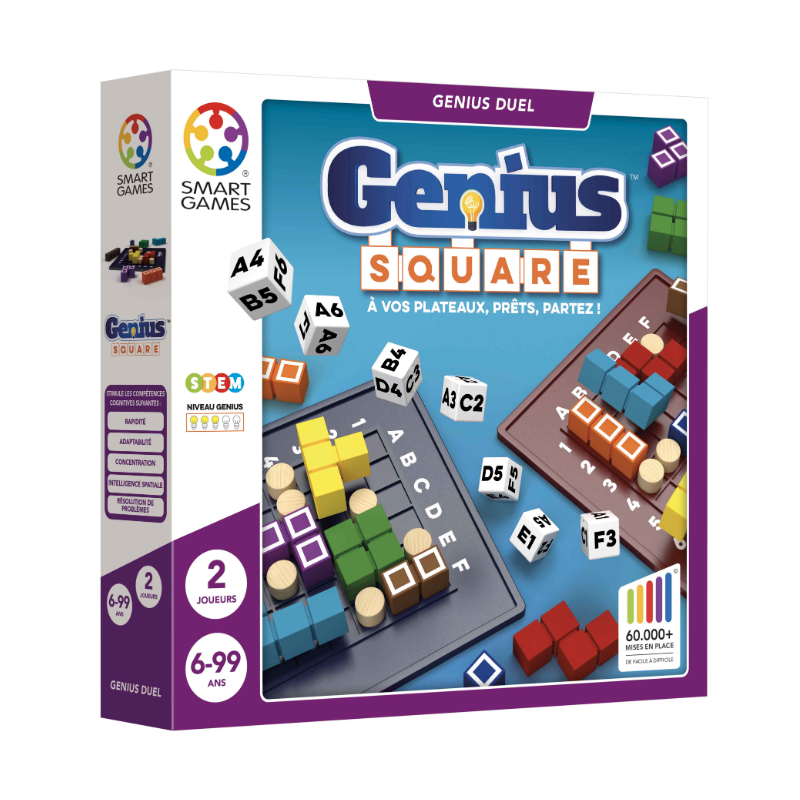 Caixa do jogo Genius Square com peças de madeira coloridas e dados com letras e números