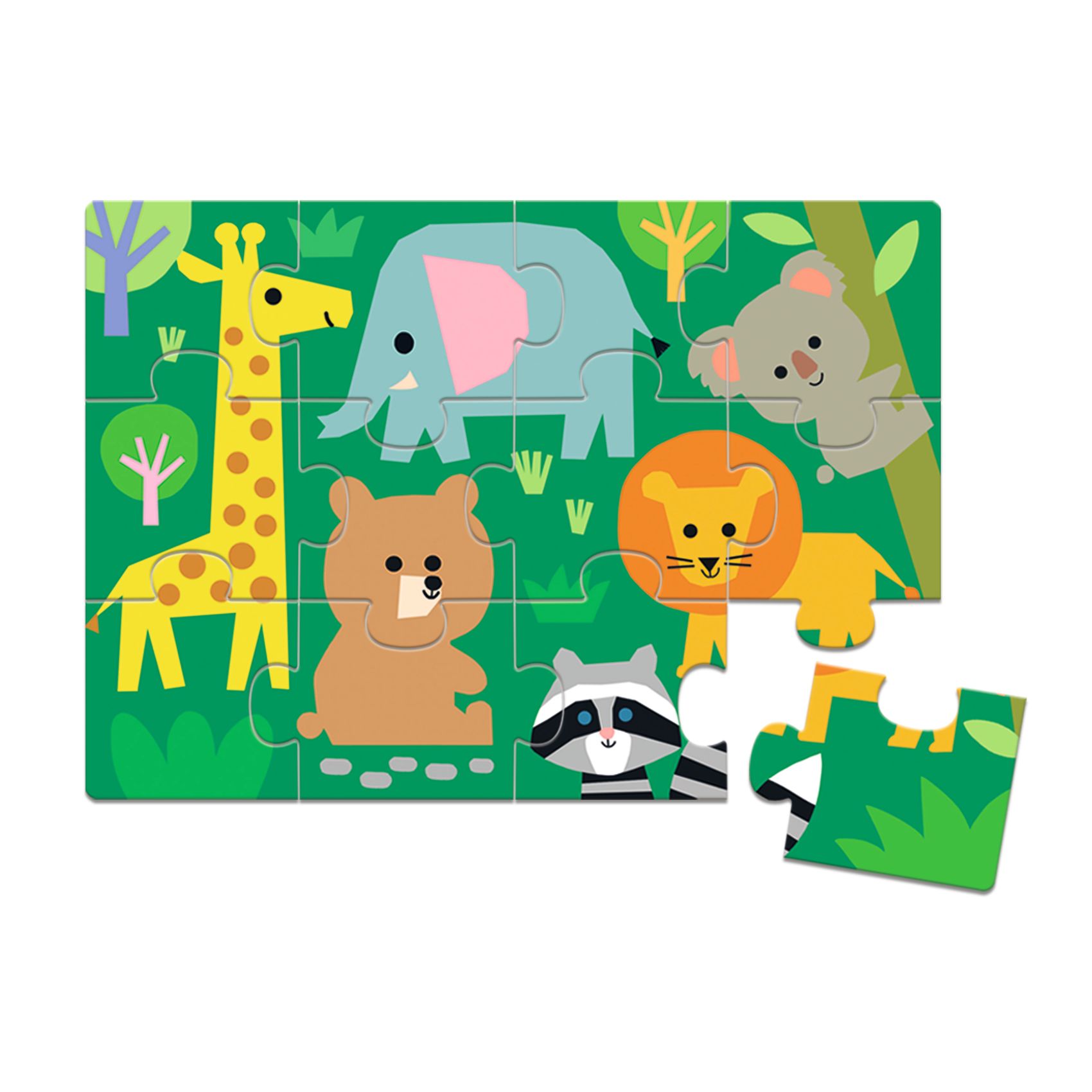 Puzzle de cartão com ilustrações coloridas de animais e fundo verde