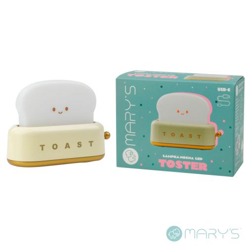 Lâmpada LED em forma de torradeira amarela com rosto sorridente e caixa verde da marca Marys