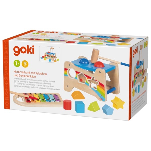 Brinquedo de madeira Goki com martelo, xilofone e peças coloridas