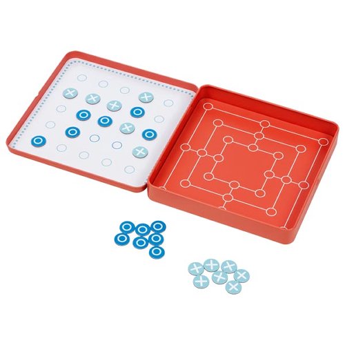 Jogo portátil em caixa vermelha com peças azuis e brancas para jogar num tabuleiro desenhado