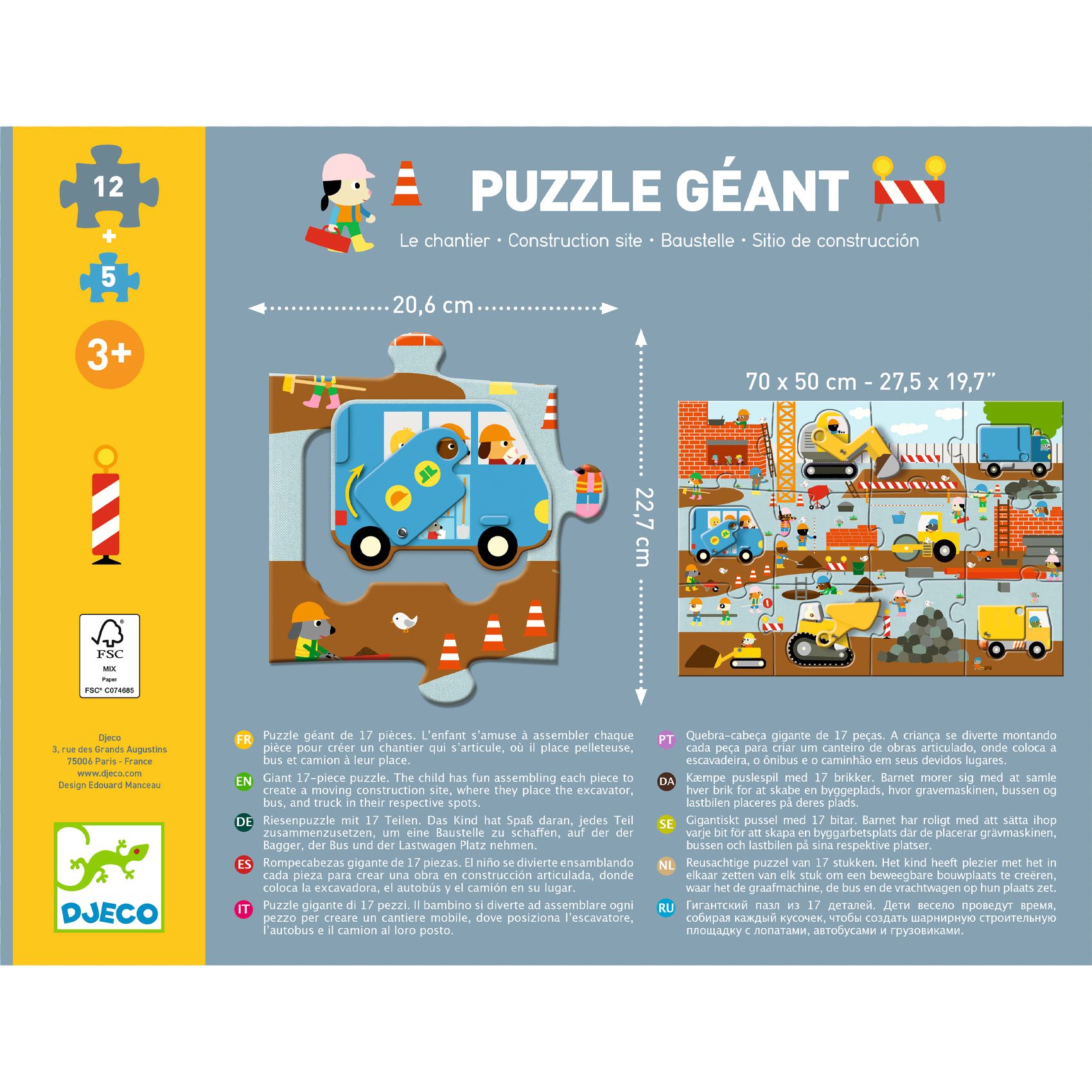 Embalagem de puzzle gigante com tema de canteiro de obras para crianças 3+ com 17 peças e dimensões 70x50 cm.