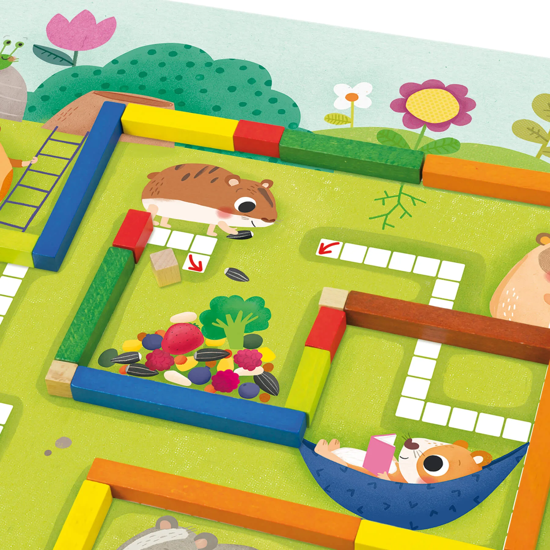 Jogo de tabuleiro infantil com blocos de madeira coloridos formando um labirinto com animais e frutos desenhados.