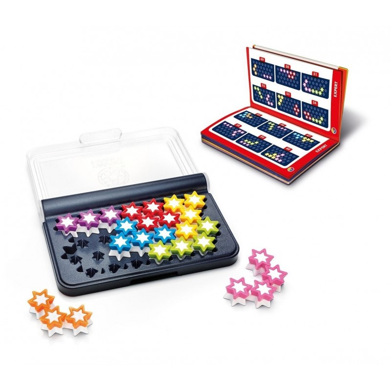 Jogo de lógica com peças em forma de estrelas coloridas e manual aberto