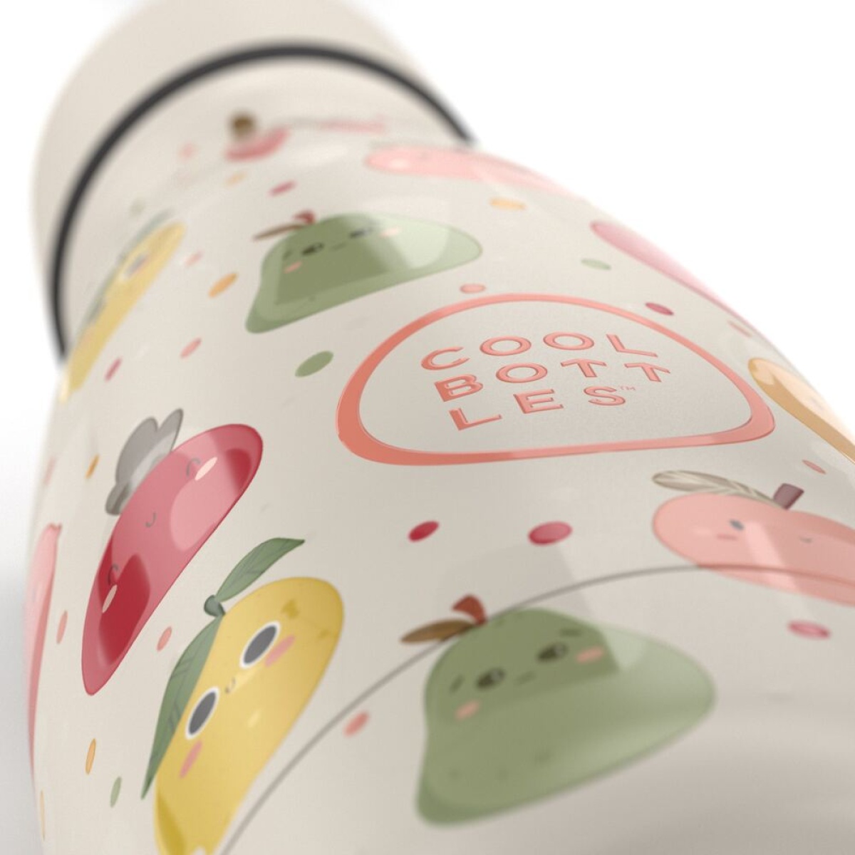 Garrafa térmica branca com ilustrações coloridas de frutas e texto 'COOL BOTTLES'