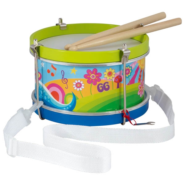 Tambor de brinquedo colorido com baquetas e alça branca