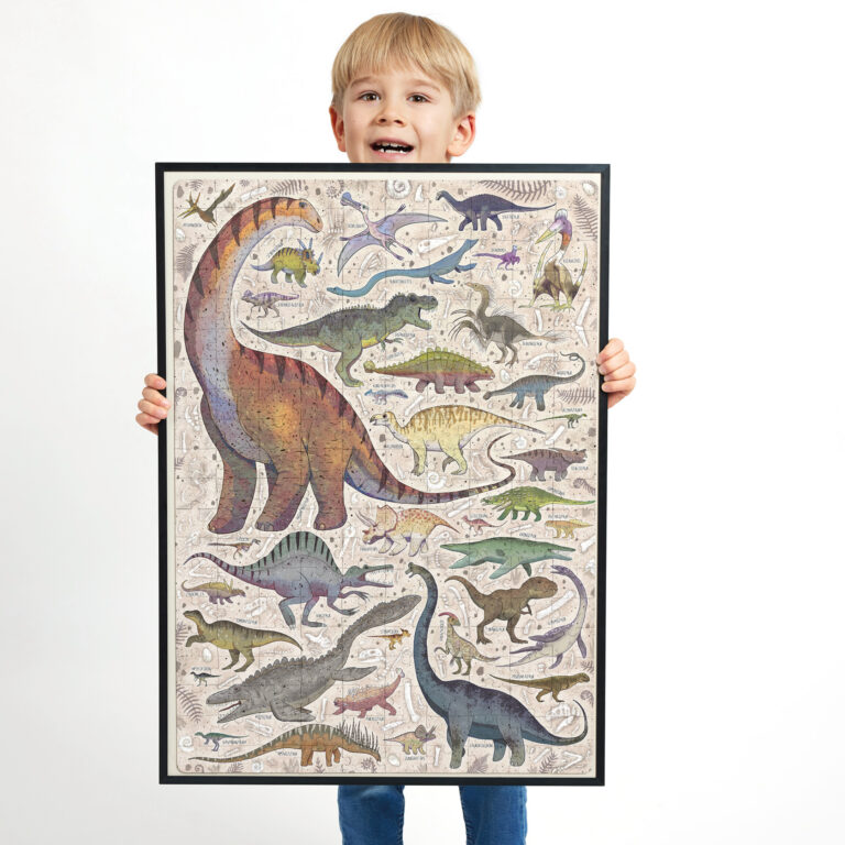 Criança a segurar poster com várias imagens coloridas de dinossauros