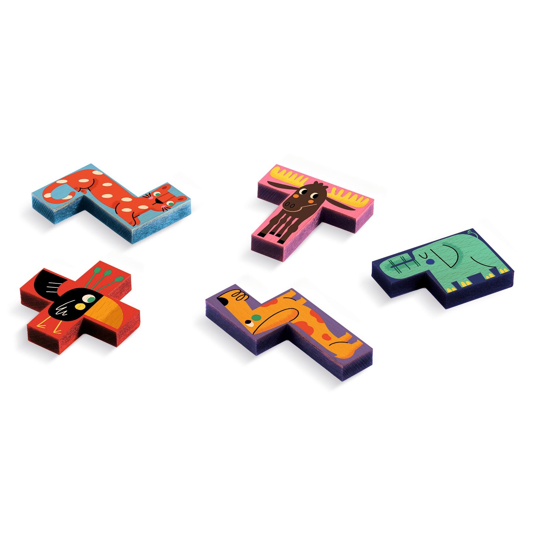 Peças de madeira em forma de Tetris com ilustrações de animais coloridos