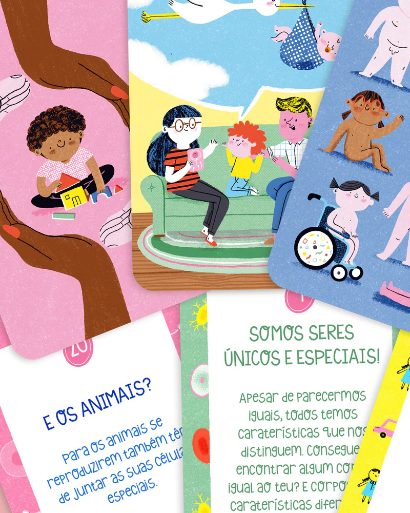 Cartas educativas coloridas com ilustrações e texto em português sobre seres humanos e animais