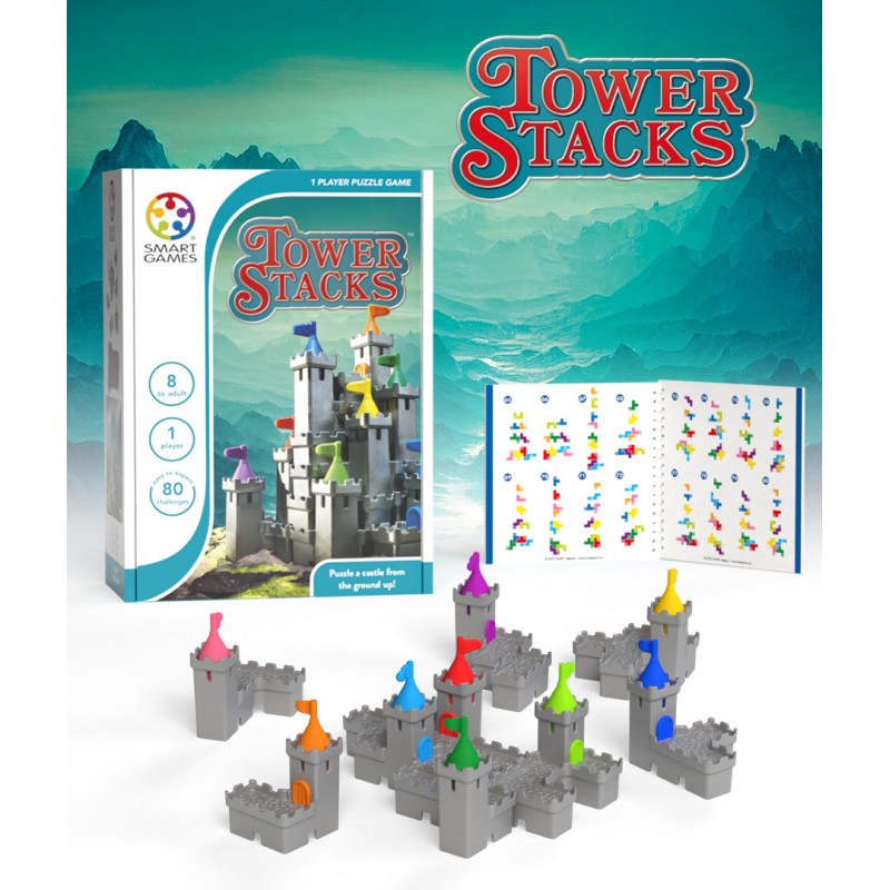 Jogo Tower Stacks com torres de castelo cinzentas e bandeiras coloridas