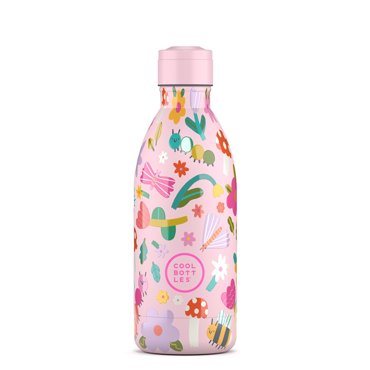 Garrafa de água cor-de-rosa decorada com flores e animais coloridos