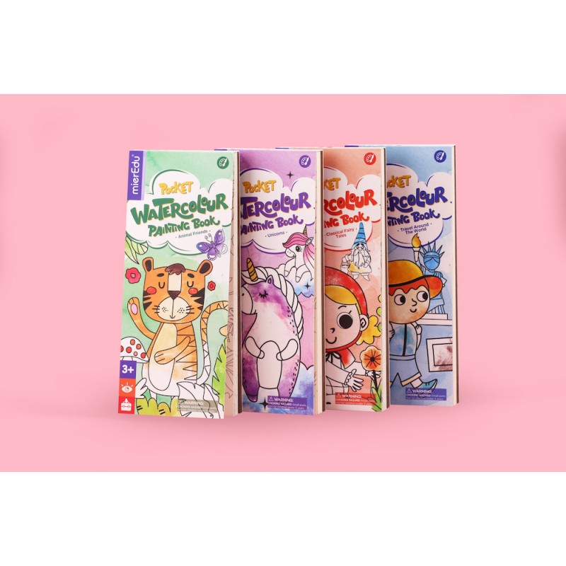 Quatro caixas de livros para pintar com aguarelas com imagens de tigre, unicórnio, menina e menino em fundo rosa.