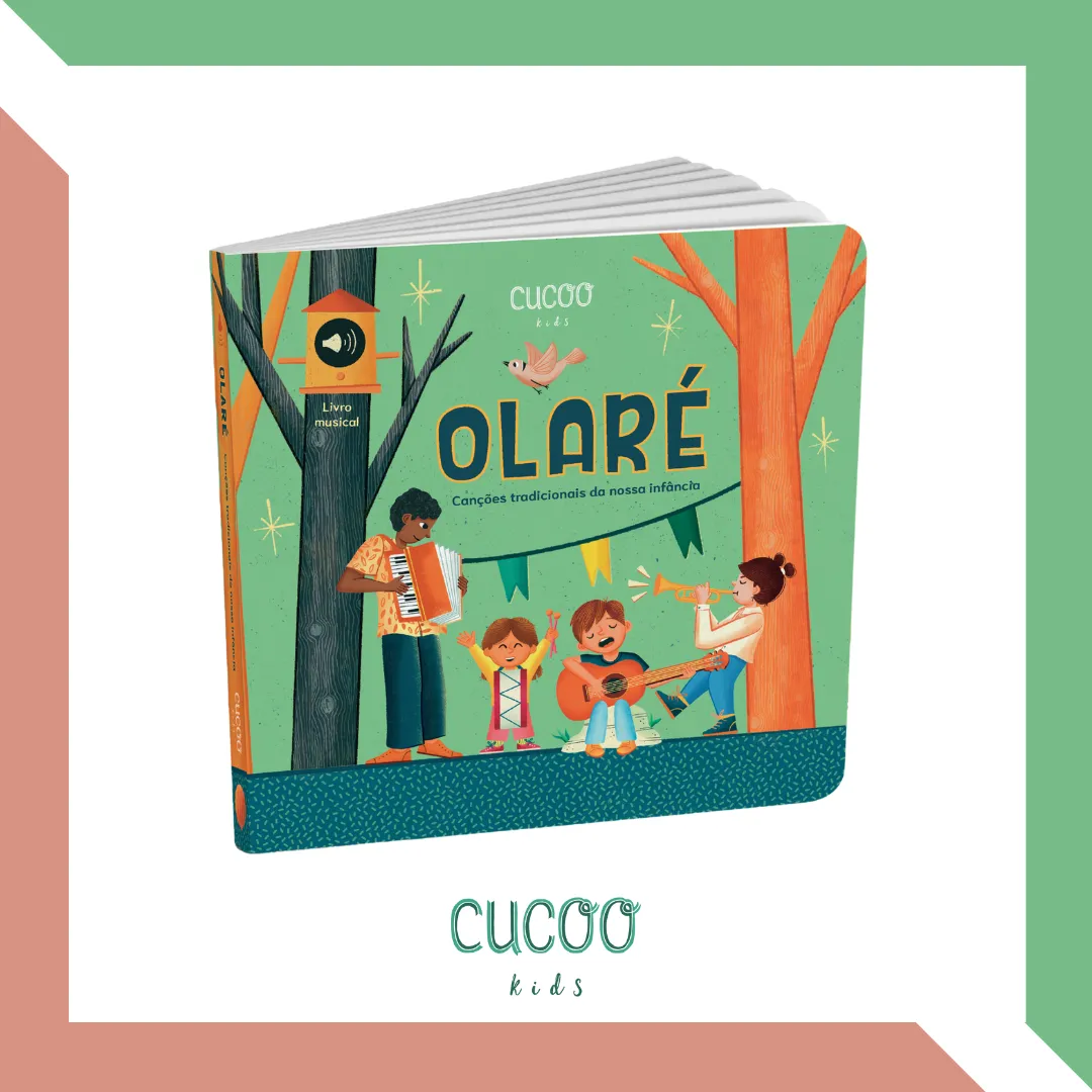 Livro musical infantil Olare com ilustração de crianças a tocar instrumentos