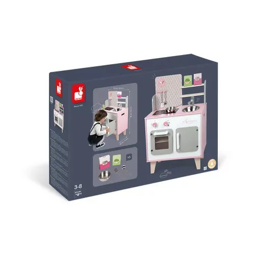 Brinquedo de cozinha de madeira rosa e branco em caixa azul escuro