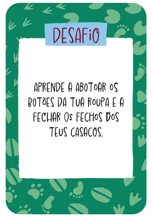 Cartão com desafio para aprender a abotoar botões e fechar fechos, moldura verde com pegadas.