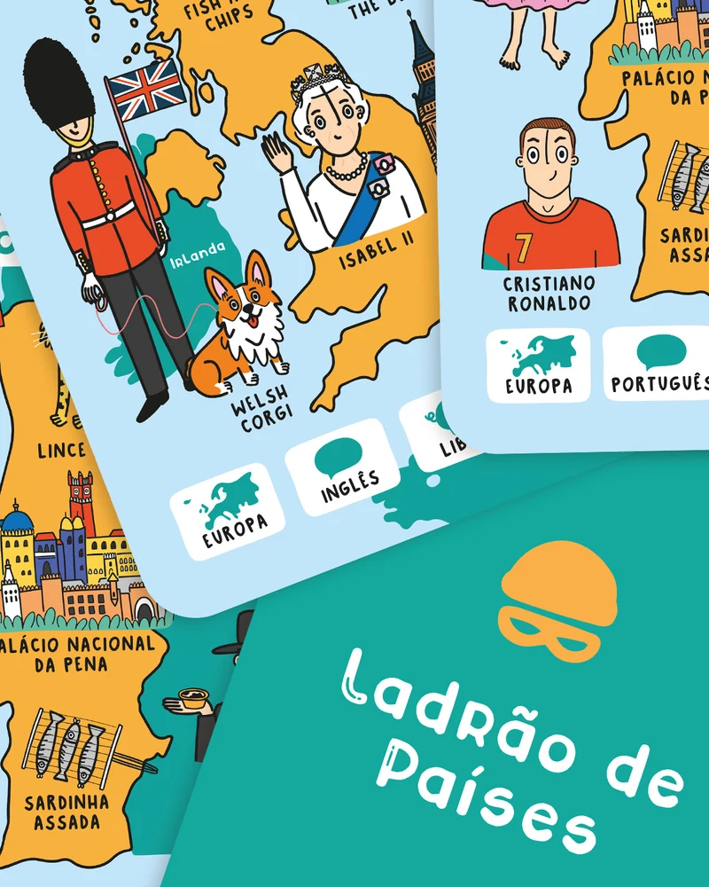 Cartas ilustradas de jogo com personagens e mapas de países europeus