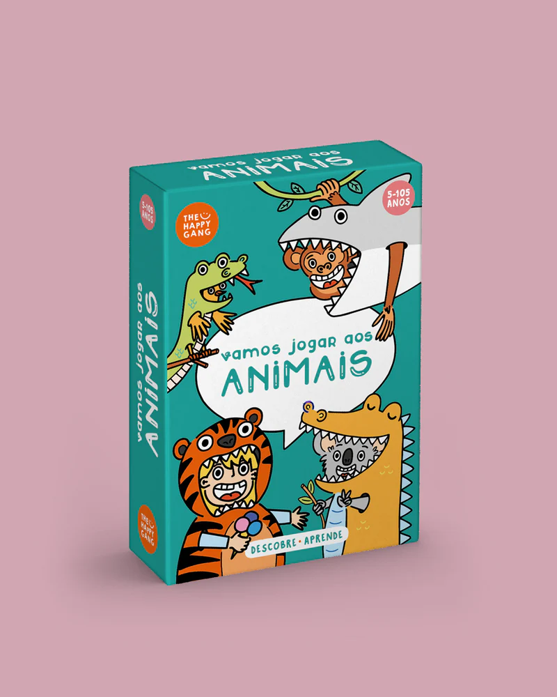 Embalagem de jogo de tabuleiro vamos jogar aos ANIMAIS com ilustrações de crianças vestidas de animais