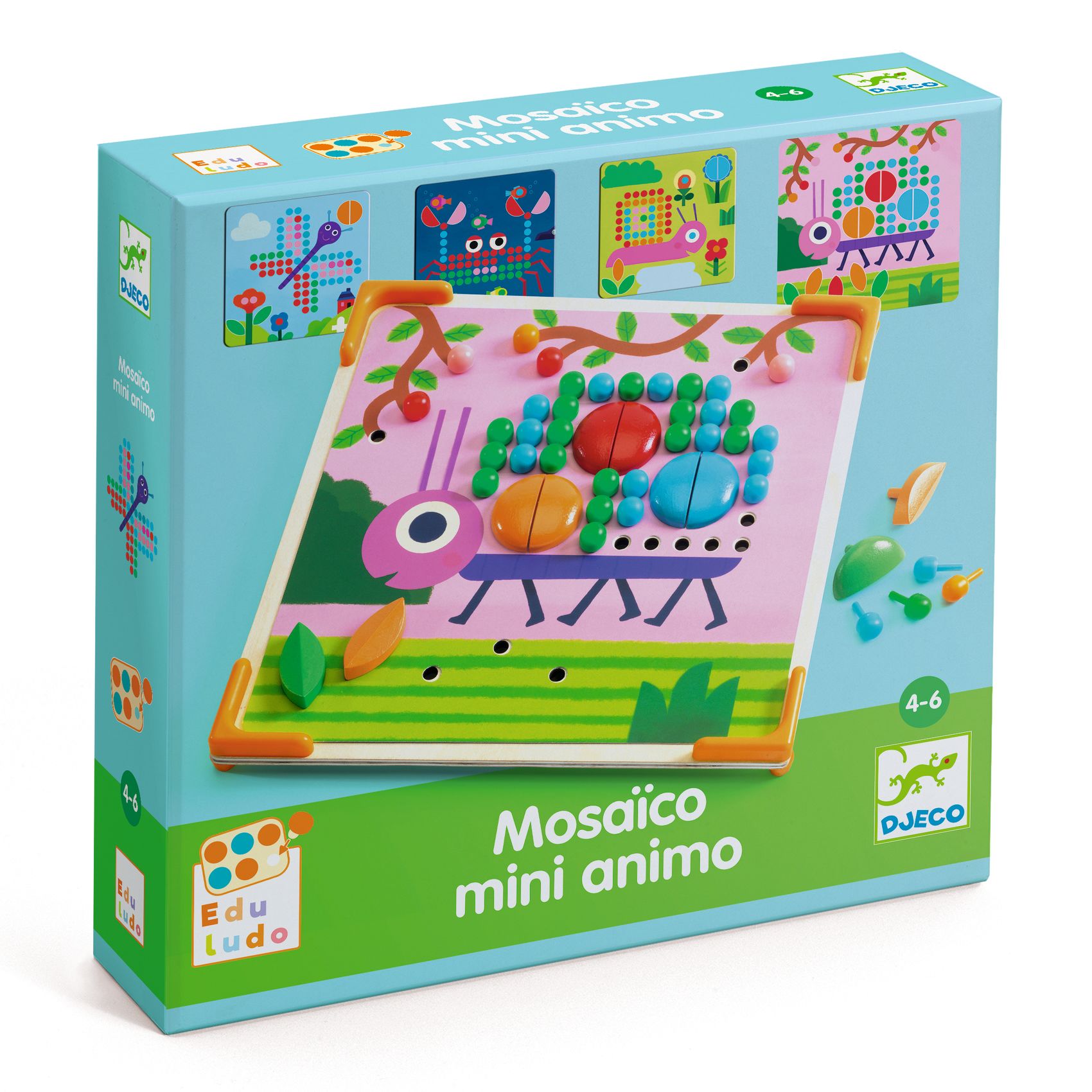 Brinquedo educativo Mosaico mini animo caixa azul verde com insetos coloridos e pinos de madeira