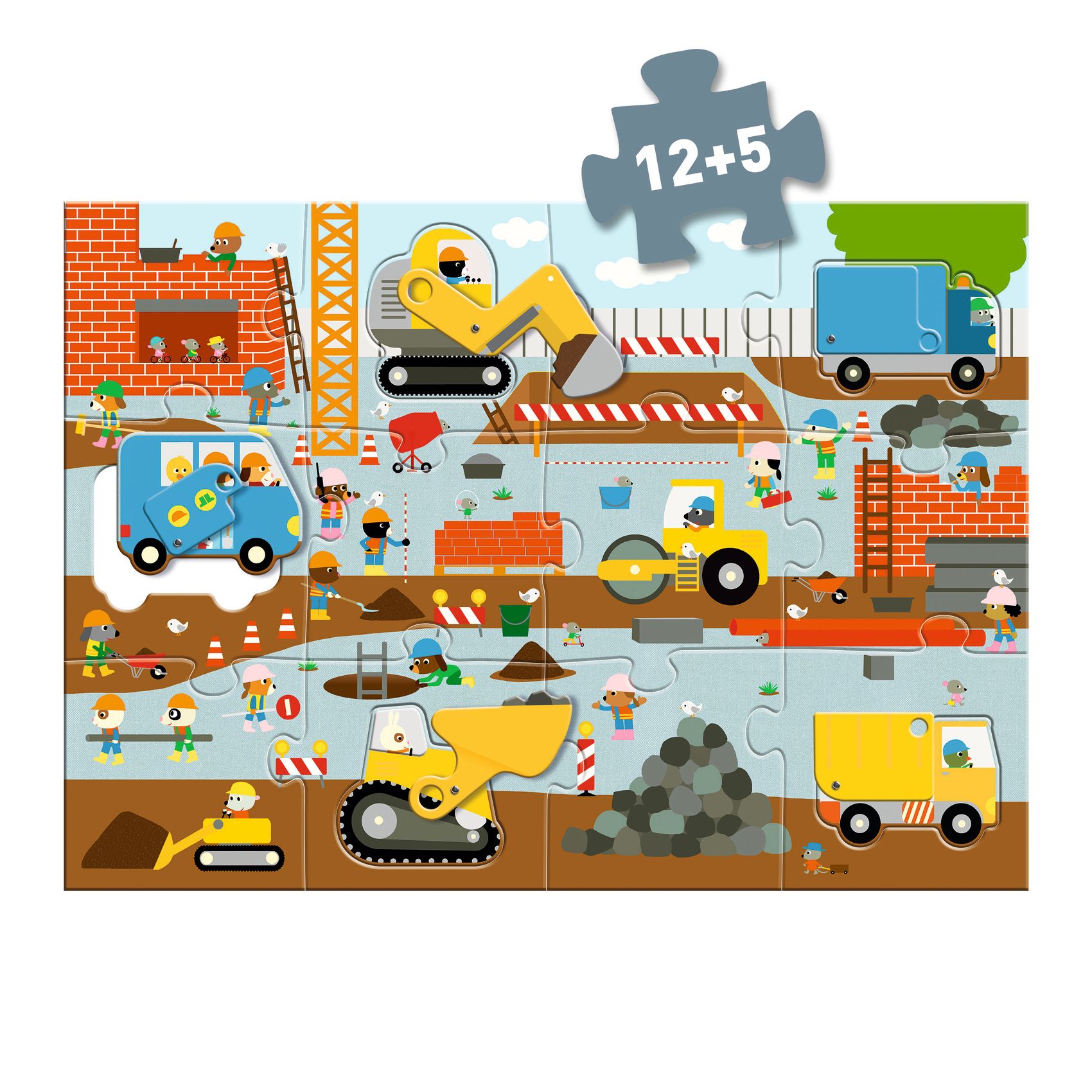 Peça de puzzle infantil com cena de construção, veículos e operários coloridos e texto 12+5
