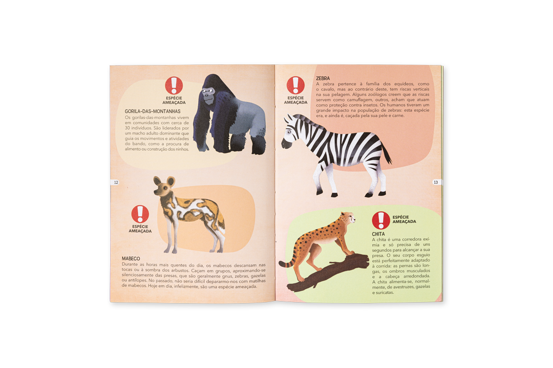 Livro aberto com ilustrações de gorila, zebra, chita, lhama e cachorro selvagem com textos explicativos em português