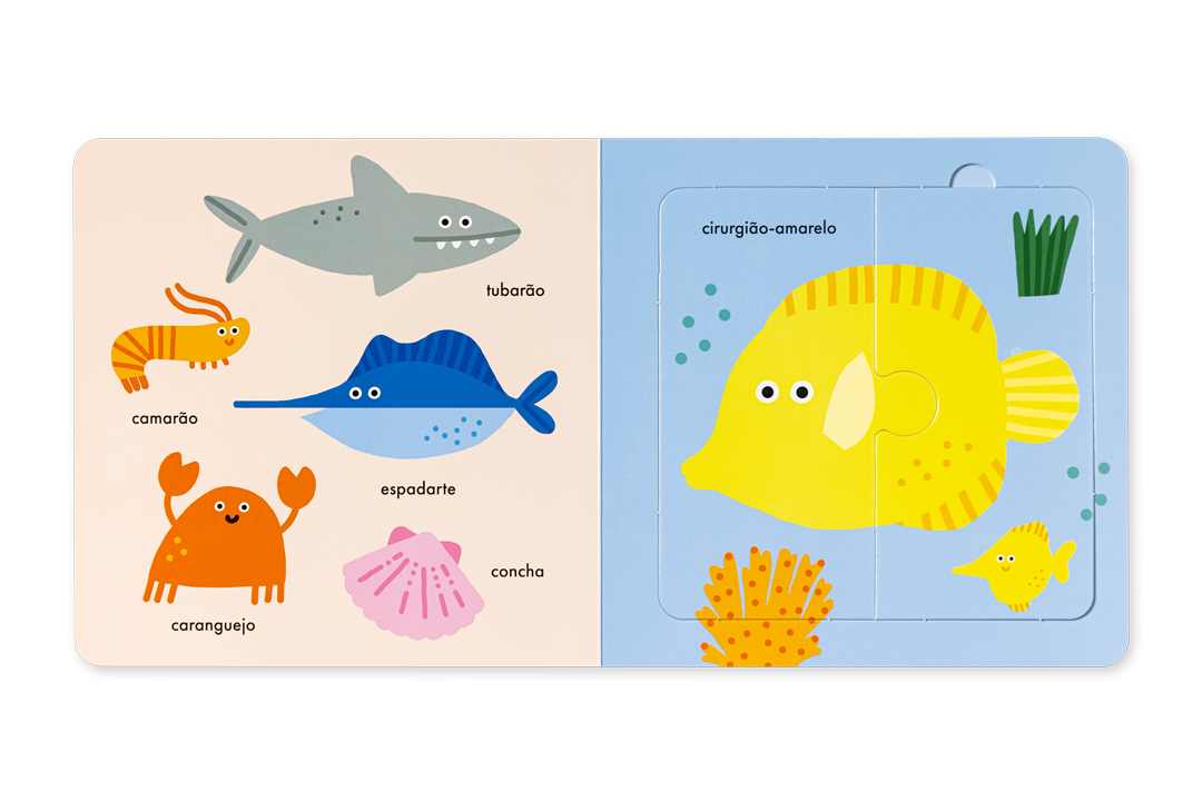 Página de livro ilustrado com animais marinhos coloridos e nomes em português