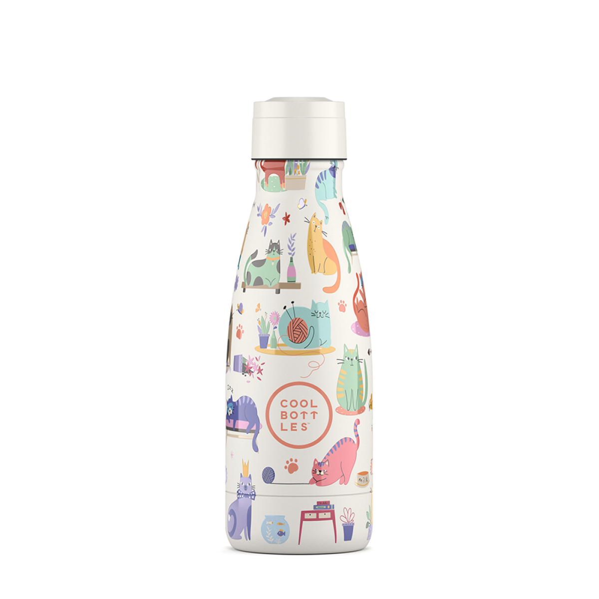 Garrafa térmica branca com desenhos coloridos de gatos e texto COOL BOTTLES no centro
