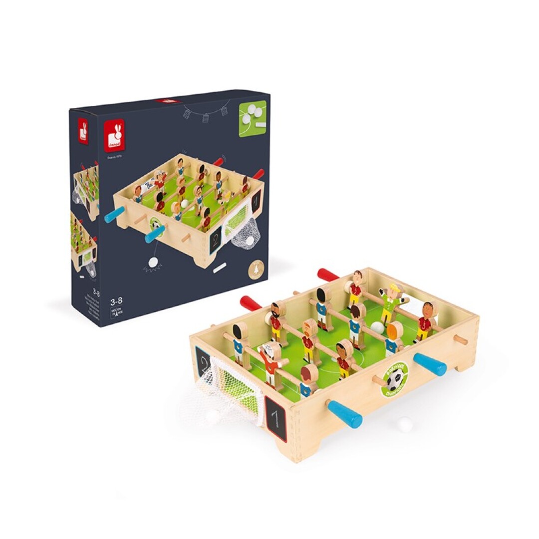 Jogo de futebol de mesa em madeira com jogabilidade colorida e caixa azul