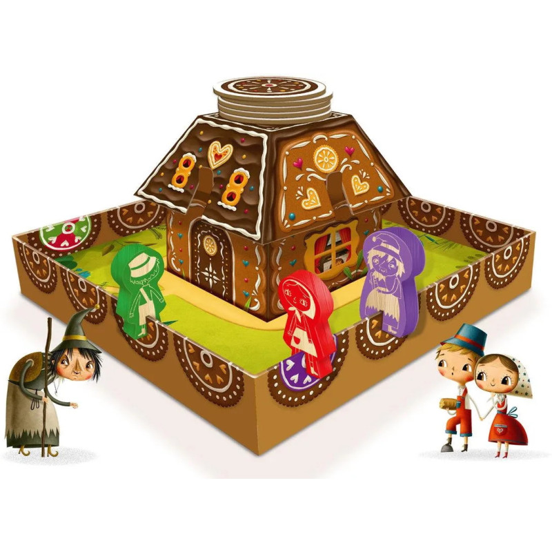 Casa de gengibre com figuras de madeira coloridas e decoração festiva numa base quadrada decorada