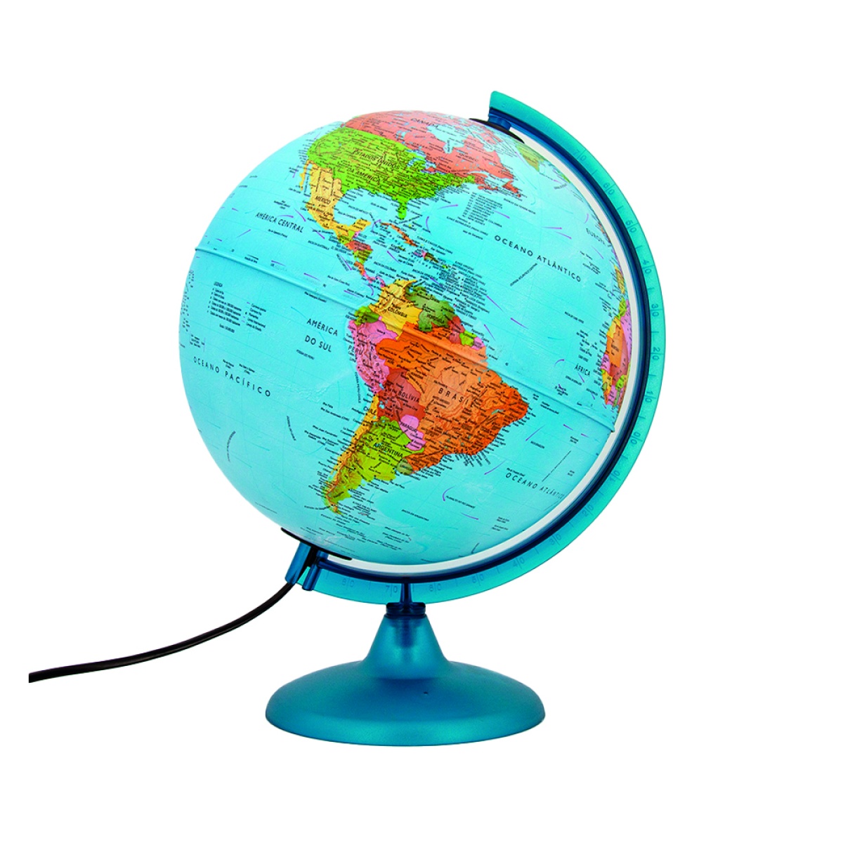 Globo terrestre colorido em suporte azul com fio elétrico