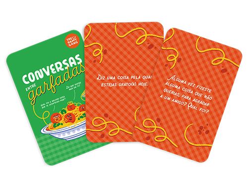 Cartas do jogo Conversas entre Garfadas com cores verde e laranja e texto em português.