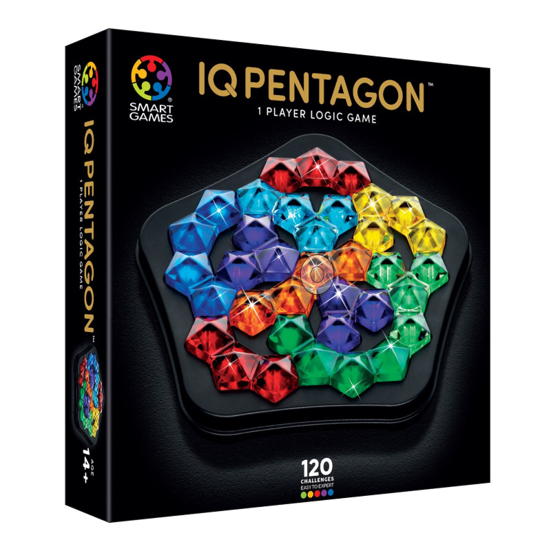 Caixa do jogo IQ Pentagon com peças coloridas pentagonais numa base preta.