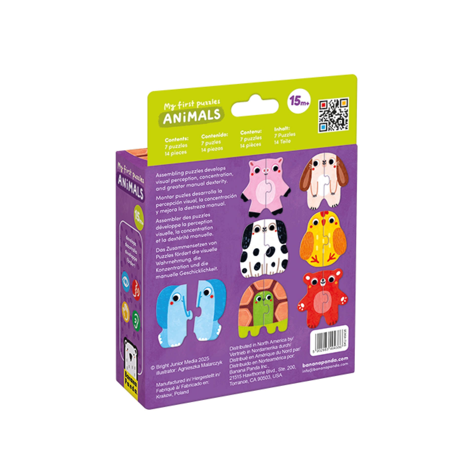 Caixa de puzzle infantil com ilustrações de animais coloridos
