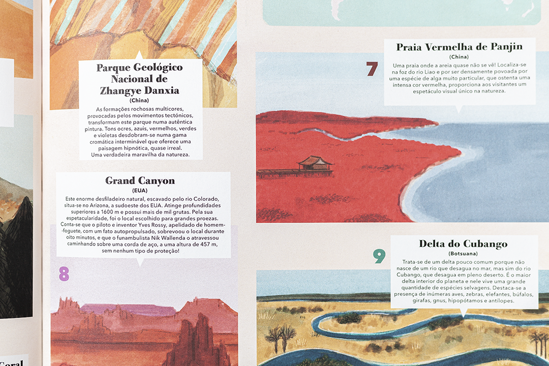 Páginas de livro ou revista com descrições e ilustrações de locais geológicos e naturais.