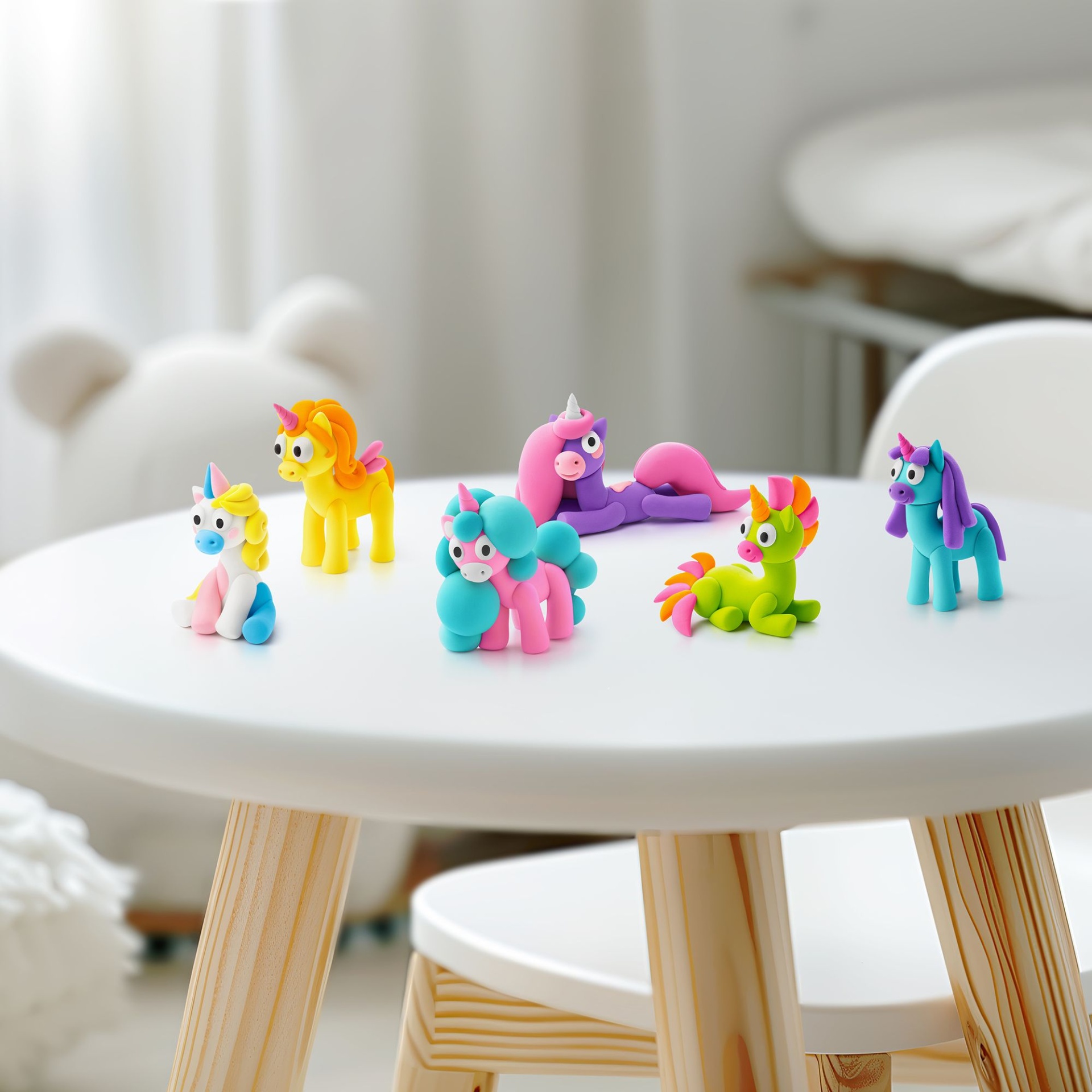 Brinquedos coloridos em forma de unicórnios feitos de material maleável numa mesa branca com pernas em madeira clara