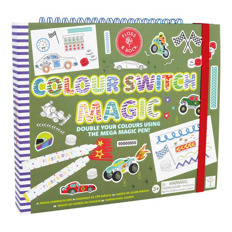 Conjunto de atividades Colour Switch Magic com desenhos de carros e canetas
