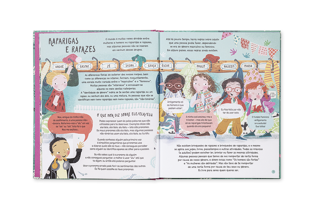 Duas páginas ilustradas de livro infantil sobre identidade de género com personagens e texto em português.