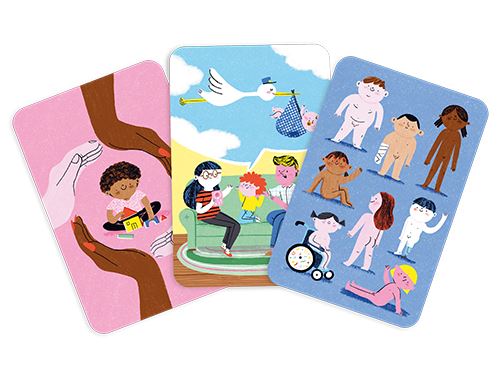 Três cartões ilustrados com bebés e crianças em várias situações e tons de pele.