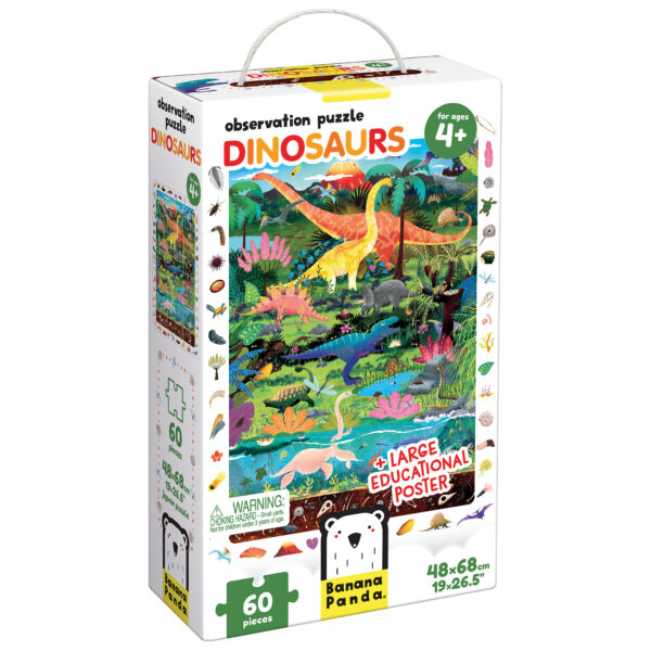 Caixa de puzzle com tema de dinossauros e poster educativo