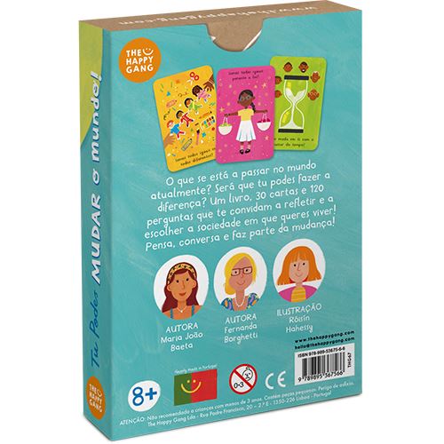 Embalagem de jogo de cartas The Happy Gang Mudar o Mundo azul turquesa com ilustrações coloridas