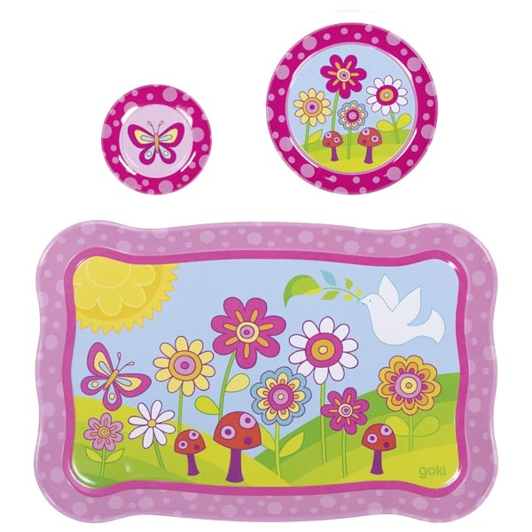 Conjunto colorido de pratos infantis com flores e borboletas